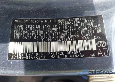 2016 Toyota Corolla Eco from USA, damaged, VIN 2T1BPRHE1GC528347